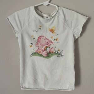 H&M White Tee with Pink Care Bear & Yellow Butterfly Graphic